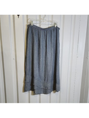 Flax Womens Blue Linen Pull On Elastic Waist Midi Skirt Size Large Ruffle Hem